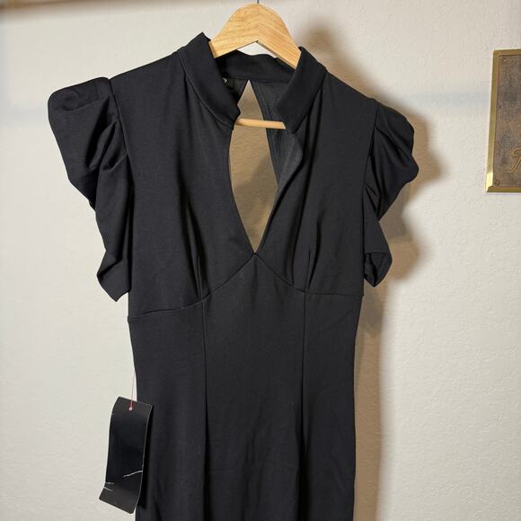 Women's Bebe Black Ruffle Sleeve Keyhole Back Sheath Dress Size XS NEW - Picture 3 of 10